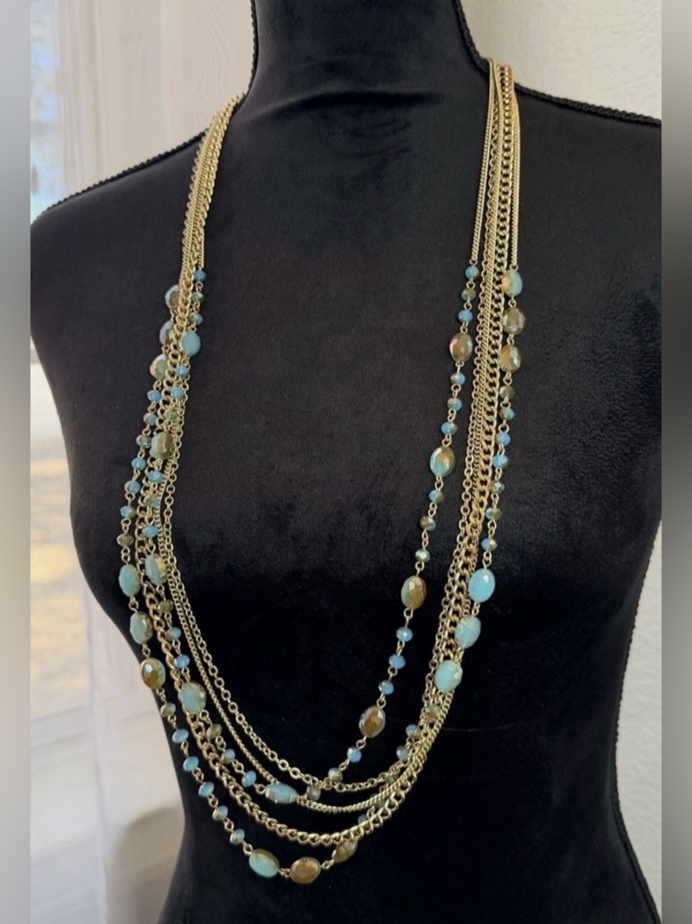 Premier Designs Belize 5-Strand Necklace Turquoise Sky Blue Iridescent Gold NWT